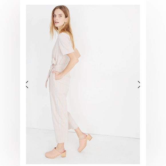 Madewell Linen Blend Puff Sleeve Striped Tapered Jumpsuit - Picture 2 of 11